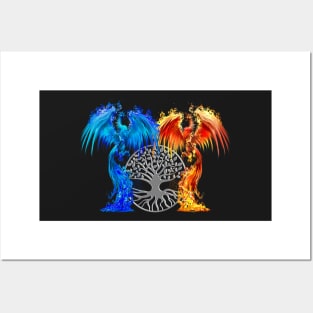 Fantasy Fire And Ice Phoenix Silver Tree Of Life Posters and Art